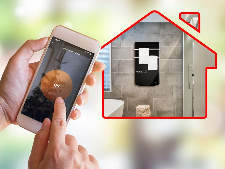 Hand bedient App zur Steuerung eines Handtuchwärmers im Badezimmer