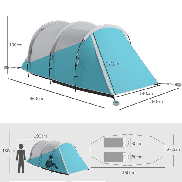 Outsunny Tunnelzelt, Campingzelt für 5 Personen, mit 2 Räumen, Tragetasche, 460L x 260B x 190H cm, Polyester, PE, Blau