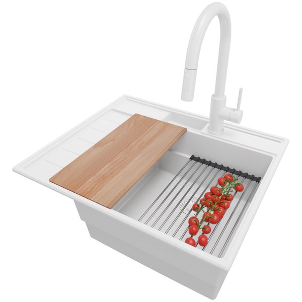 PRIMAGRAN Granitspüle Alles Weiß 62x53cm, Spülbecken 1 Becken + Küchenarmatur 40x20cm + Ablauf-Set + Küchenzubehörset, Küchenspüle ab 45er Unterschrank - Sydney Pocket