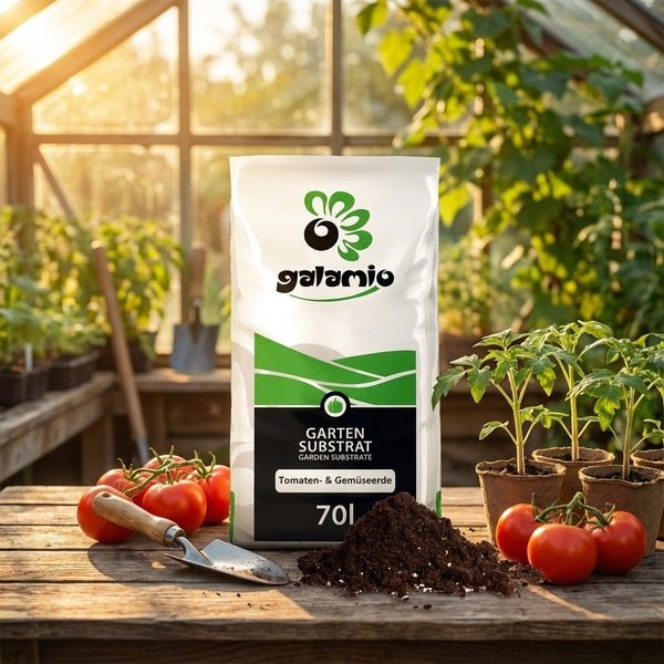 Galamio Gartensubstrat für Tomaten und Gemüse im 70 Liter Sack auf Holztisch im hellen Gewächshaus mit Tomaten, Setzlingen, Erde und Galamio Logo.