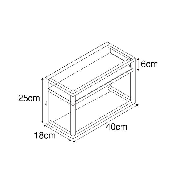 Technische Zeichnung eines Beistelltisches mit den Maßen 40 x 18 x 25 cm.