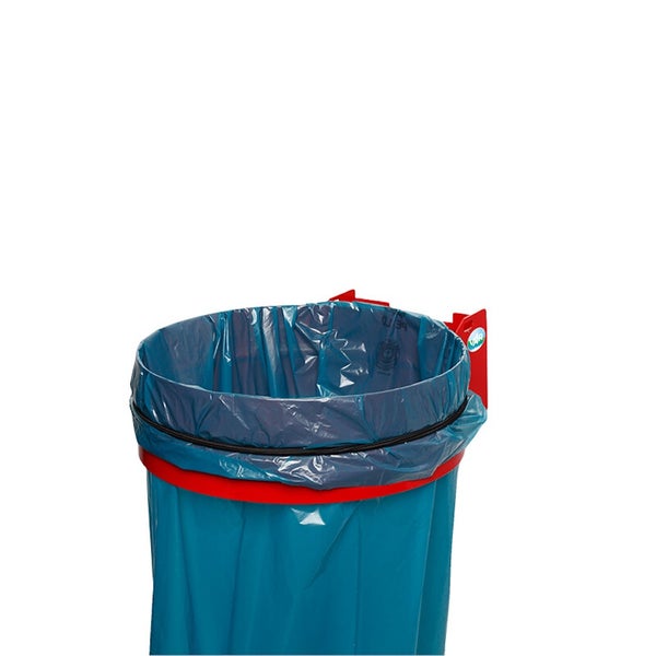 Roter Müllsackhalter aus Metall mit Klemmring und Wandhalterung für blaue Müllsäcke.