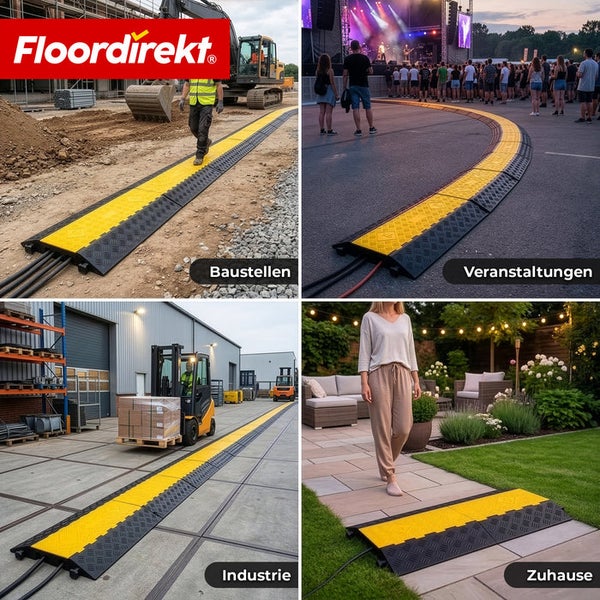 Floordirekt Logo. Anwendungsbereiche der Kabelbrücke: Baustelle mit Bagger, Veranstaltung im Freien, Industriehalle mit Gabelstapler und Gartenweg.