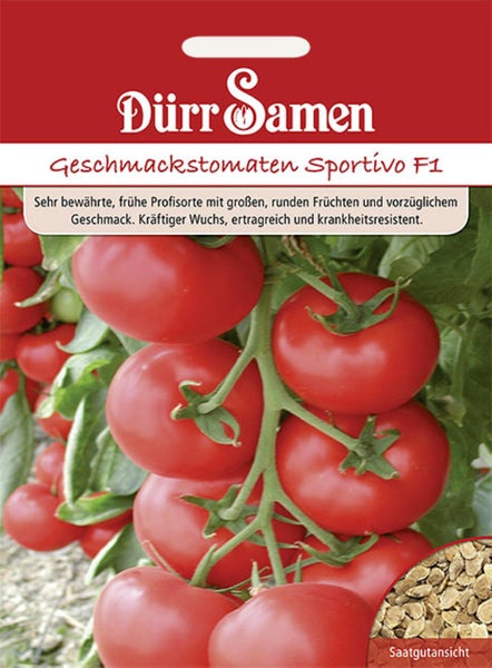 Samentüte für Geschmackstomaten Sportivo F1 von Dürr Samen mit Abbildung von reifen Tomaten und einer Saatgutansicht. Dürr Samen Logo.
