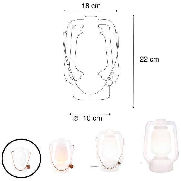 Tischleuchte in Laternenform mit Maßangaben: Höhe 22 Zentimeter, Breite 18 Zentimeter und Durchmesser 10 Zentimeter.