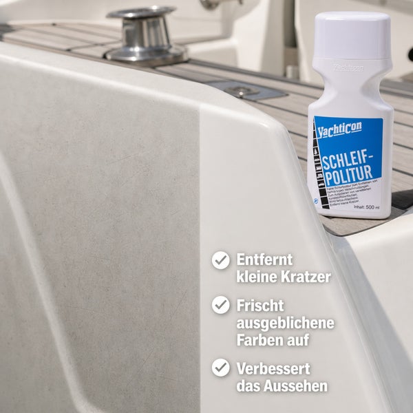 Yachticon Schleifpolitur 500 ml zur Entfernung von Kratzern und Auffrischung verwitterter Kunststoffoberflächen auf Booten.