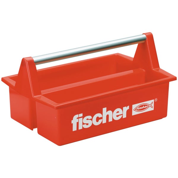 Rote Fischer Werkzeugtrage aus Kunststoff mit Metallgriff und Fischer Logo.