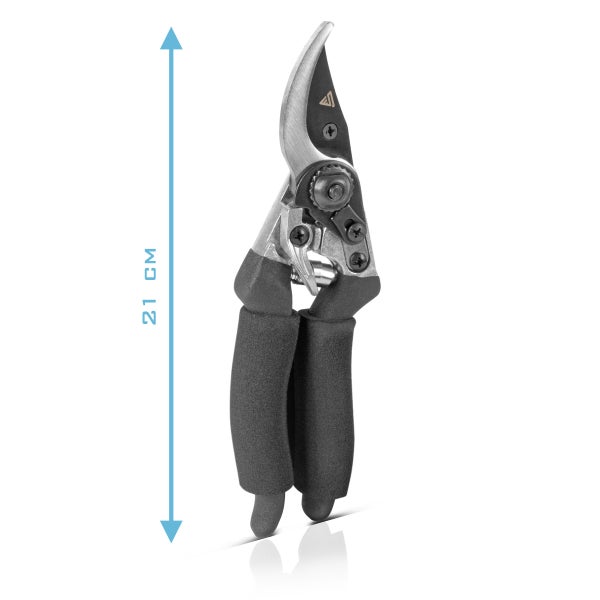 Bypass-Gartenschere mit gepolsterten Griffen und einer Gesamtlänge von 21 Zentimetern.