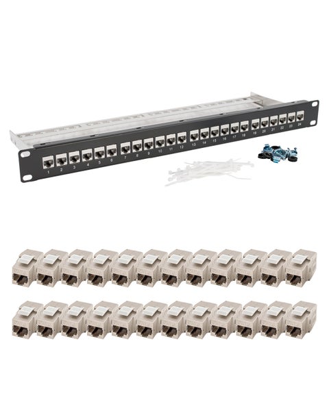 24 Port Patchpanel 1HE 19 Zoll inkl. 24x Cat. 8.1 Keystone Modul RJ45 Buchse 40Gbits STP vollgeschirmt für AWG22-24 Verlegekabel Cat. 7a, Cat. 7, Cat. 6, Cat. 6a Netzwerk Patchfeld Set