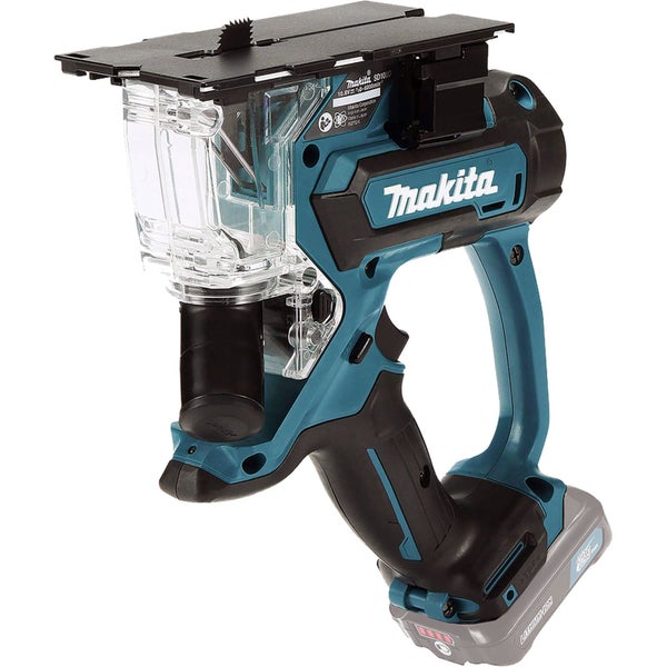 Makita Akkumulator-Gipskartonsäge in Türkis und Schwarz mit transparenter Staubbox und Lithium-Ionen-Akkumulator.