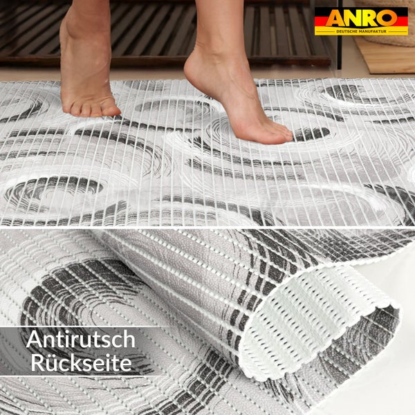 Badematte mit gerippter Oberfläche, kreisförmigem Muster und rutschfester Rückseite sowie ANRO Logo.