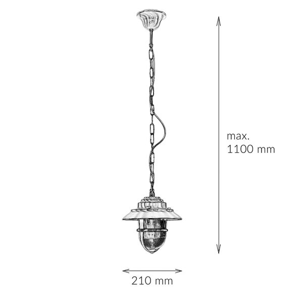 Skizze einer Hängeleuchte mit den Massen maximal 1100 mm Höhe und 210 mm Breite