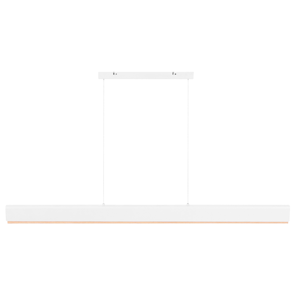 Moderne LED-Pendelleuchte in länglicher Form aus Metall und Holz in Weiß.