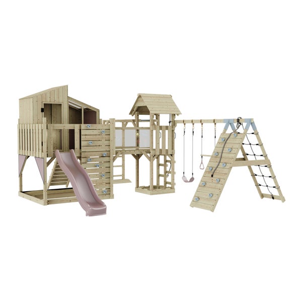 Spielplatz mit Rutsche, Schaukeln und Kletterwand aus Holz