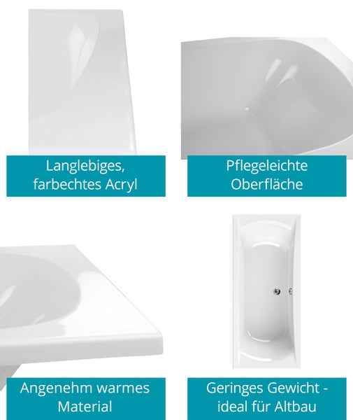 Weiße Acrylbadewanne in vier Ansichten mit Details zu langlebigem Material, pflegeleichter Oberfläche, angenehmer Wärme und geringem Gewicht.
