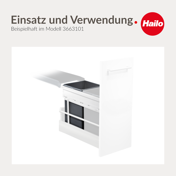 Anwendungsbeispiel eines Hailo Einbau-Abfalltrennsystems, ausgezogen aus einem Küchenschrank mit mehreren Behältern. Hailo Logo.