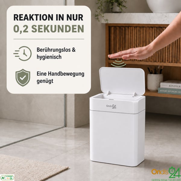 Sensor Abfalleimer von Ondis24 mit automatischer Soft Close Deckel Funktion in drei Schritten dargestellt für einfache Bedienung in der Küche.