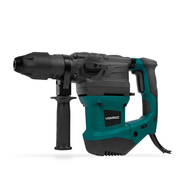VONROC Kombihammer mit SDS-Max Aufnahme, Zusatzhandgriff und gummiertem Hauptgriff in Türkis und Grau.