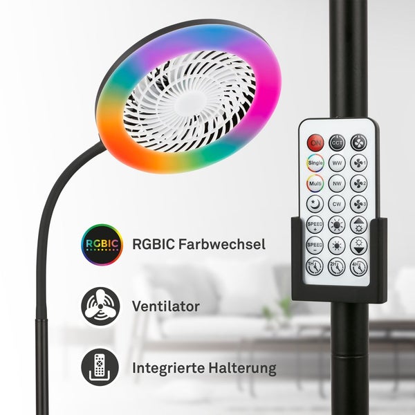 Schwarze Stehlampe mit integriertem Ventilator im Lampenkopf, RGBIC Farbwechsel und Fernbedienung in einer Halterung am Gestell.