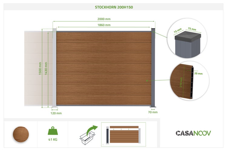 Sichtschutzzaun braun in Holzoptik. Breite 2000 Millimeter, Höhe 1500 Millimeter. Paneelstärke 20 Millimeter. Gewicht 41 Kilogramm. CASANCOOV Logo.
