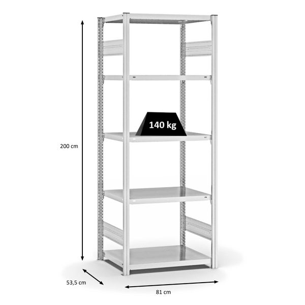 PROREGAL Fachbodenregal Stecksystem T-Profil Light-Duty Grundregal HxBxT 200 x 75 x 50 cm 5 Ebenen Fachlast 140 kg Beidseitig Nutzbar Lichtgrau