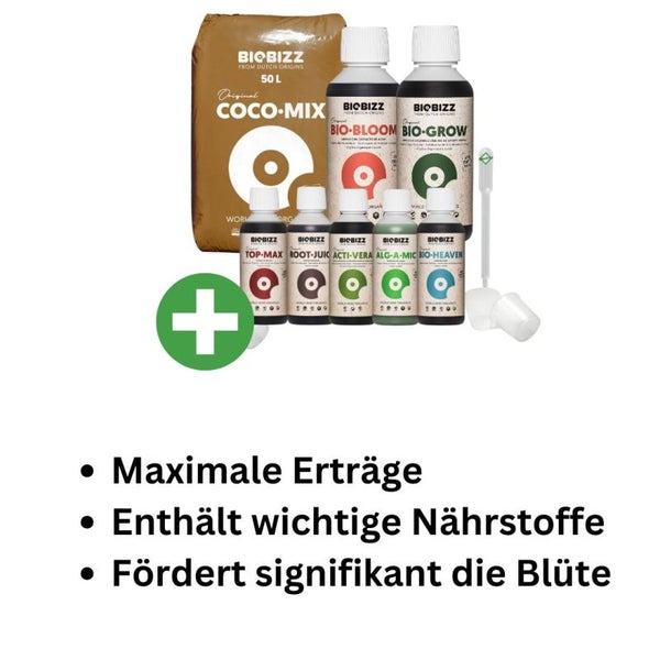 BioBizz Coco Mix Set Big – 50L Kokos-Substrat + Bio Grow, Bloom, Top-Max, Root Juice, Alg-A-Mic, Acti Vera & Heaven – Komplettset inkl. Pipette für maximale Pflanzenkraft