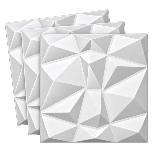 Drei quadratische Wandpaneele mit geometrischem 3D-Dreiecksmuster für die Wandgestaltung.