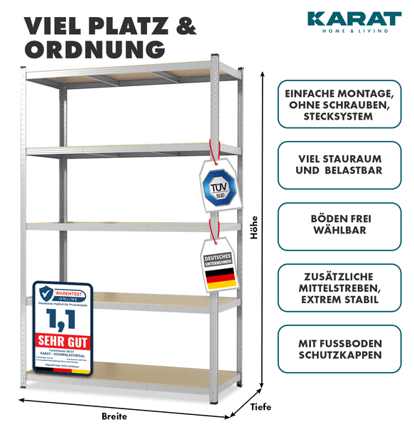 FLOORDIREKT Schwerlastregal - Universal einsetzbar - Verzinkt - 180 x 90 x 30 cm - Traglast 875 kg