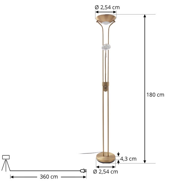 Stehlampe mit Deckenfluter und Lesearm, Höhe 180 Zentimeter, Kabellänge 360 Zentimeter, Sockelhöhe 4,3 Zentimeter, Durchmesser 2,54 Zentimeter.