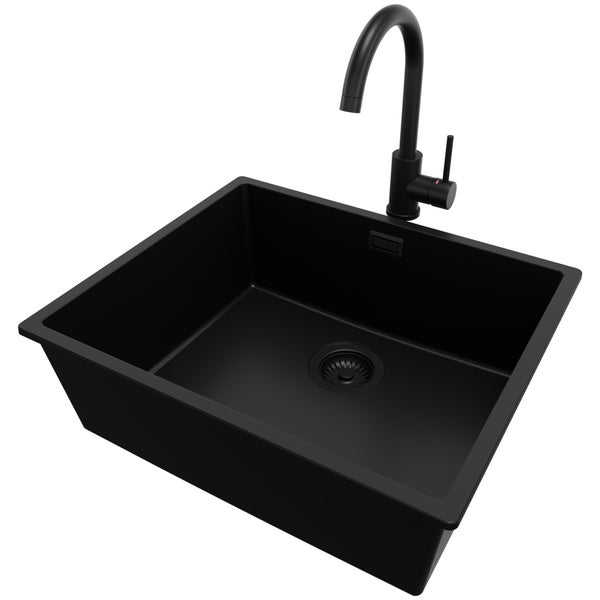 PRIMAGRAN Granitspüle Alles Schwarz 56x47cm, Spülbecken 1 Becken + Küchenarmatur 32x20cm + Ablauf-Set, Küchenspüle ab 60er Unterschrank - London Slim