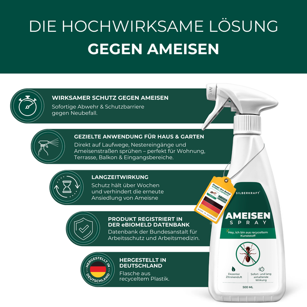 Silberkraft Ameisenspray 500 ml, hochwirksames Mittel gegen Ameisen in Haus & Garten, Sofort & Langzeitwirkung, Ameisen bekämpfen auf Terrasse, Balkon & Wegen
