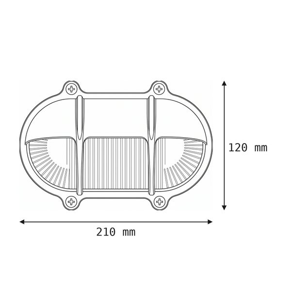 Technische Zeichnung einer ovalen Außenwandleuchte mit Abmessungen von 210 Millimeter mal 120 Millimeter.
