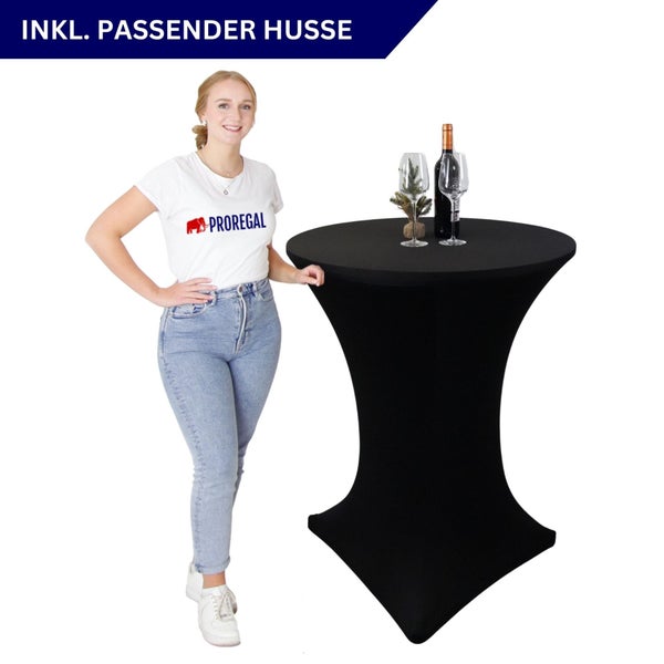 Stehtisch mit passender Hülle, dekoriert mit Weinflasche und Gläsern