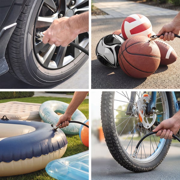 Anwendungsbeispiele für eine Luftpumpe: Aufpumpen von Autoreifen, Sportbällen, Schlauchbooten und Fahrradreifen.
