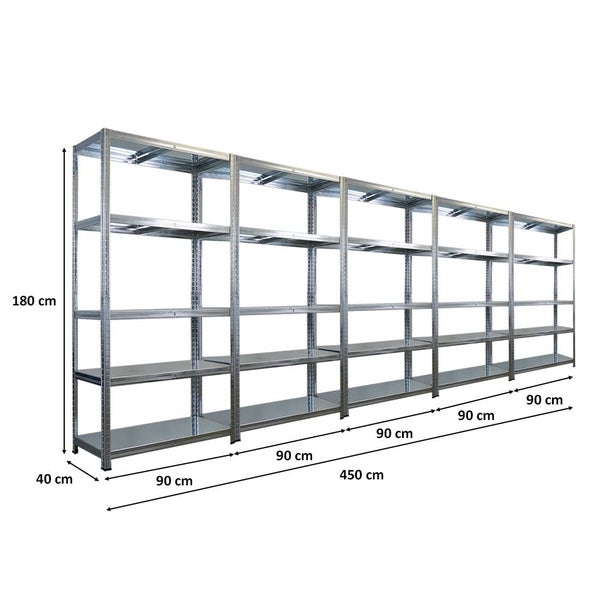 Langes Metallregal mit mehreren Ebenen, 180 cm hoch, 40 cm tief und 450 cm breit