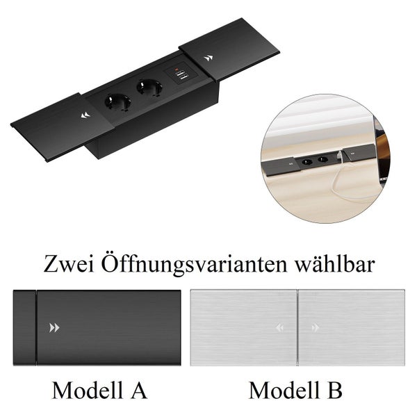 Einbau Steckdosenleiste mit zwei Schutzkontaktsteckdosen und zwei USB Anschlüssen, in zwei verschiedenen Gehäusevarianten zum Einbau in Möbel.