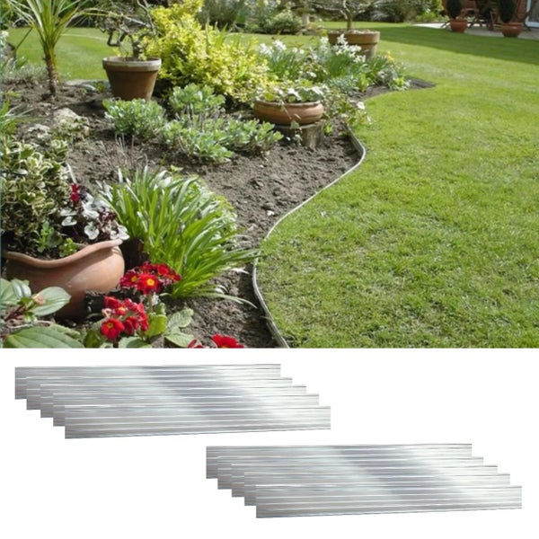 Silberne Rasenkante aus Metall zur Trennung von Rasen und Beet im Garten, inklusive Produktansicht mehrerer Metallstreifen.