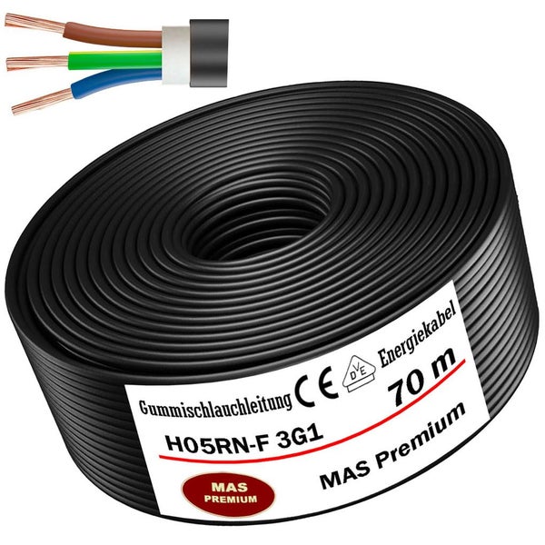 MAS Premium Gummischlauchleitung H05RN-F 3G1, 70 Meter Rolle mit Detailansicht der drei Kupferadern.
