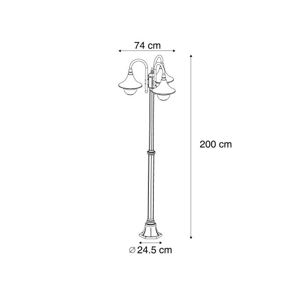 Technische Zeichnung einer dreiflammigen Gartenlaterne mit den Maßen 200 Zentimeter Höhe, 74 Zentimeter Breite und 24,5 Zentimeter Sockeldurchmesser.