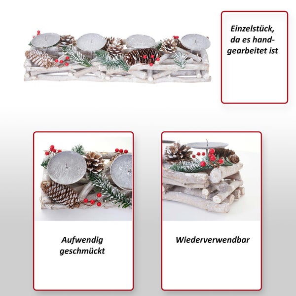 Dekorativer Kerzenhalter für Teelichter mit Tannenzapfen und Beeren geschmückt.