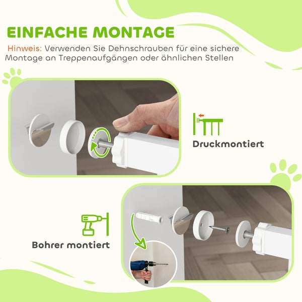 PawHut Türschutzgitter Hund, 76-104 cm Absperrgitter ohne Bohren, Treppengitter aus Stahl, Treppenschutzgitter mit Katzentür, Schutzgitter, Sicherheitsgitter für Treppen, Tür, Flur, Weiß
