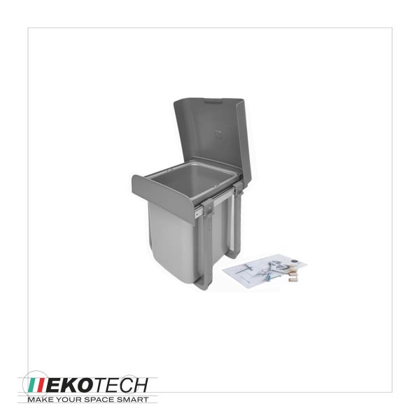Ausziehbarer Einbau-Abfalleimer von Ekotech mit Deckel, Führungsschienen, Montageanleitung und Zubehör sowie ein Ekotech Logo.