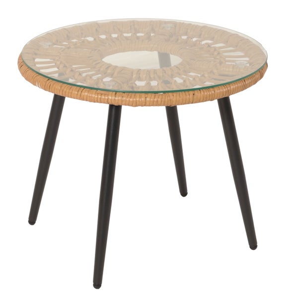 Runder Beistelltisch mit Glasplatte, Rattanrahmen und Metallbeinen