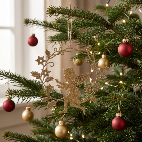 Weihnachtsschmuck Engel als hängender Anhänger aus glitzerndem Material am Tannenbaum mit Christbaumkugeln