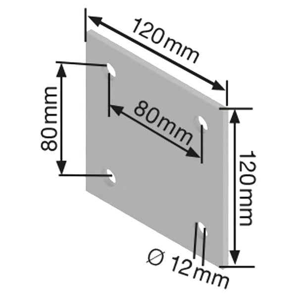 Technische Zeichnung einer Montageplatte mit den Maßen 120 x 120 x 80 mm und Bohrungen von 12 mm Durchmesser