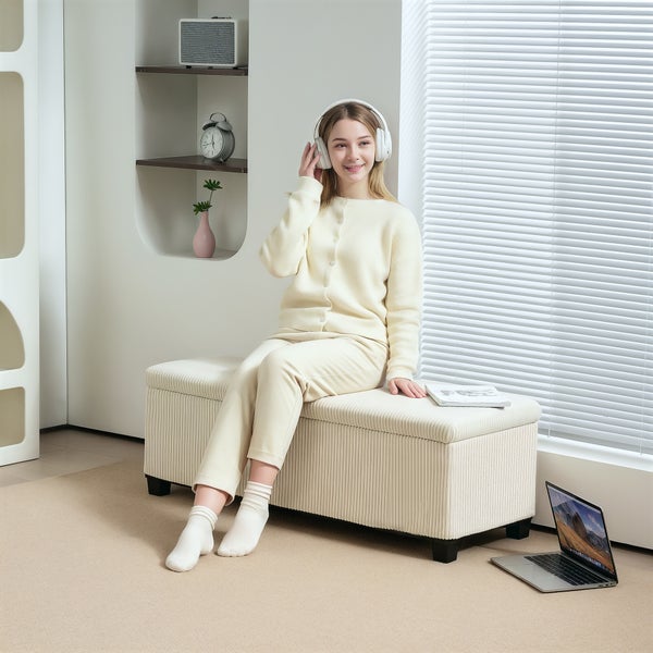 HOMCOM Sitzbank mit Stauraum Polsterbank mit Cord-Optik, Sitztruhe mit Stahlbeine, Truhenbank für Wohnzimmer, Schlafzimmer, Flur 112 x 42 x 40 cm, Beige