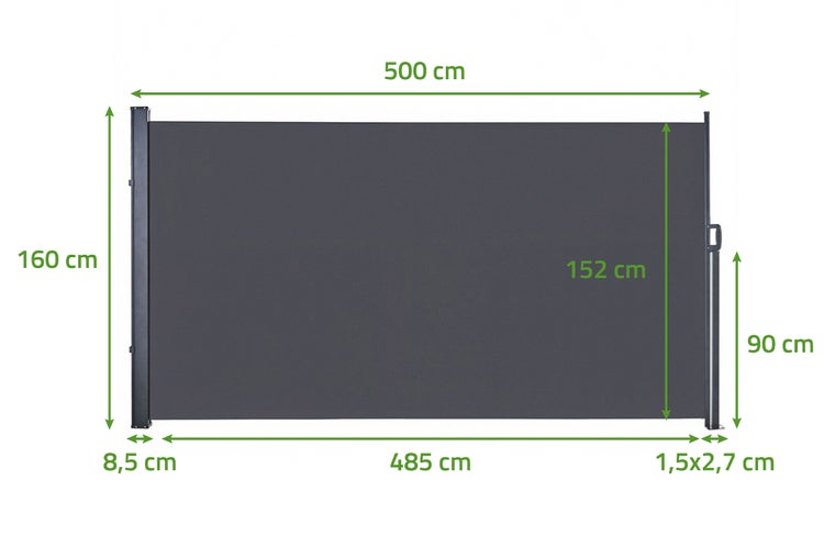 Seitenmarkise mit Maßen: Gesamtlänge 500 Zentimeter, Gesamthöhe 160 Zentimeter, Tuchlänge 485 Zentimeter, Tuchhöhe 152 Zentimeter.