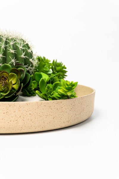 Künstliche Sukkulenten und Kaktus in einer gesprenkelten Dekoschale mit weißem Sand.