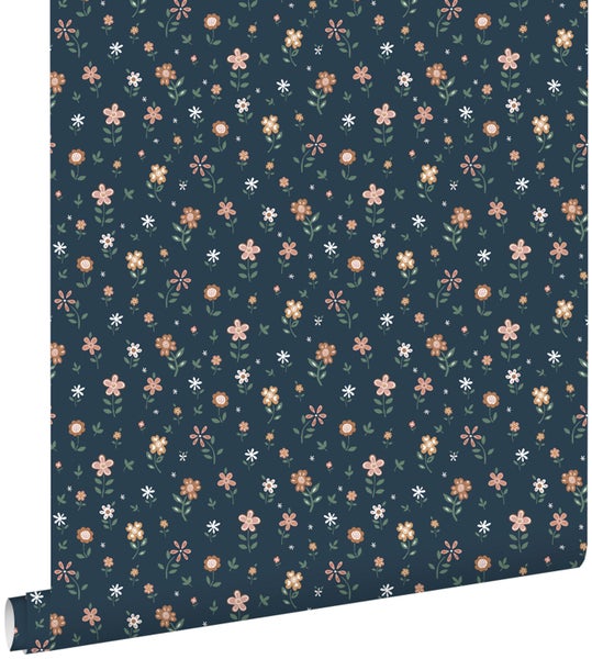 ESTAhome Tapete Blumen Dunkelblau, Terrakotta, Grün und Weiß - 53 cm x 10.05 m - 139359