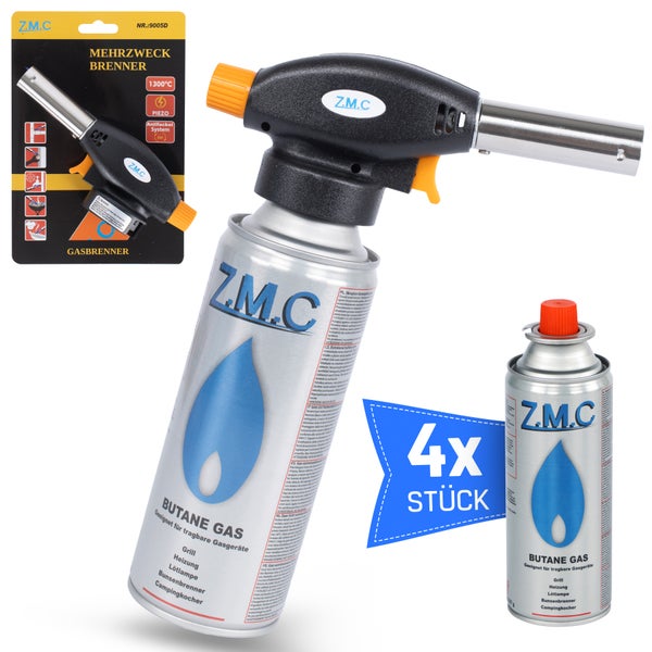Z.M.C Gasbrenner + 4x Gaskartuschen 227g, Flambierbrenner Temperatur bis zu 1300°C, Schweißbrenner mit Piezo-Zündung, Bunsenbrenner Lötbrenner 1,3 KW, Brenneraufsatz mit einstellbarer Flamme
